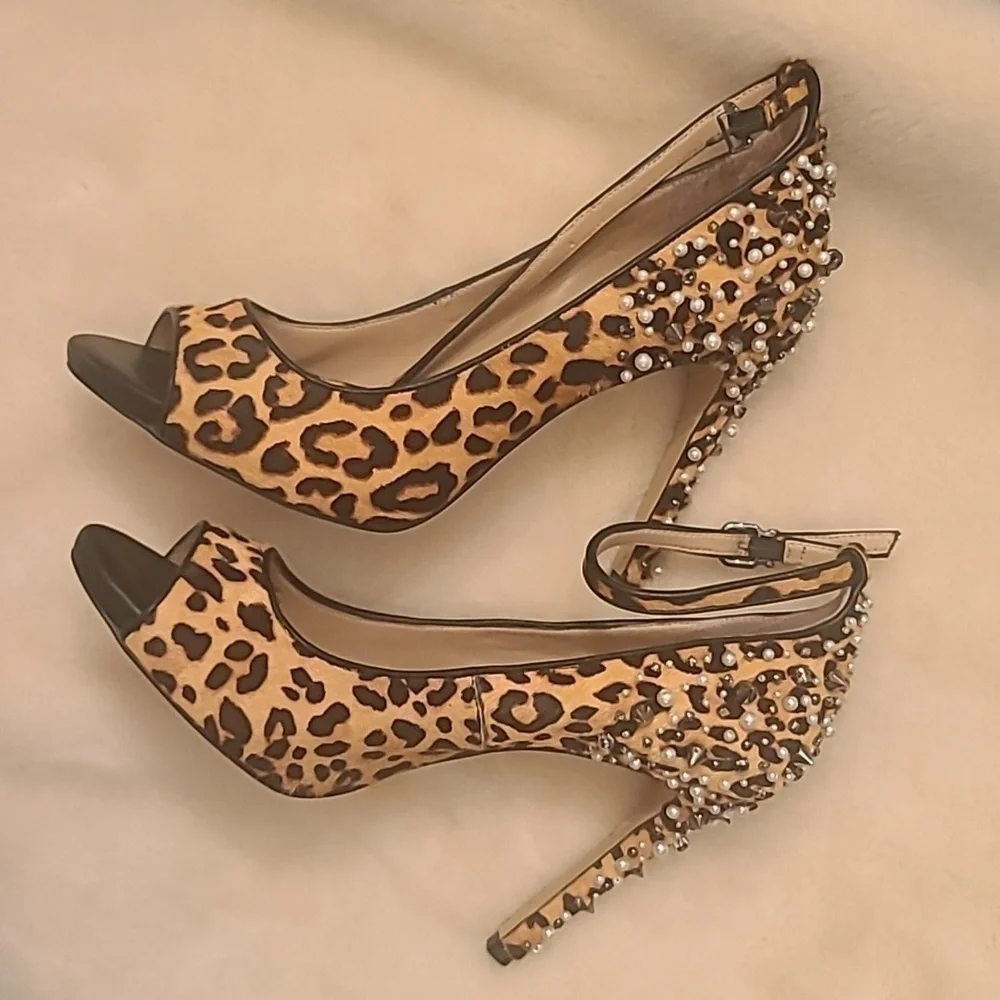 Nine West Leopard Patent Leather Peep Toe Platform Heels Size 7.5 - Picture 3 of 10